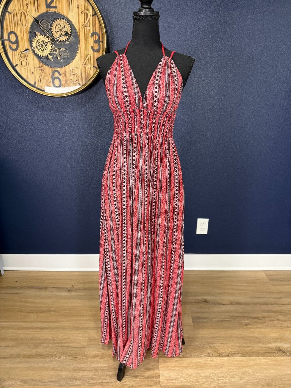 Band of Gypsies Red Boho Patterned Stripe Halter Maxi Dress | M